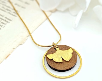 Collier feuille de Ginkgo or pendentif en bois pour femme