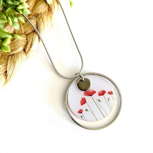 Minimalist red and silver poppy flower necklace for women, flower costume jewelry, handmade jewelry, mom gift, for her