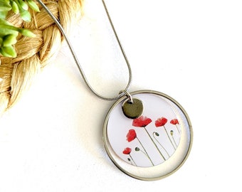 Collier fleurs de coquelicots rouge et argenté minimaliste pour femme