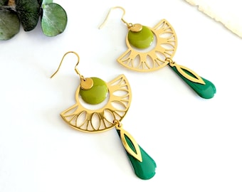 Long green and gold earrings for women, art deco style jewelry, stainless steel jewelry, mom gift, gift for her, green jewelry
