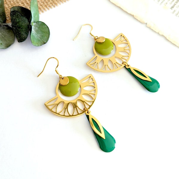 Longues boucles d'oreilles géométrique vert et or pour femme, style art déco, acier inoxydable doré, bijou fait main, cadeau pour elle