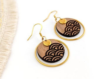 Boucles d'oreilles bois et or vagues japonaises pour femme