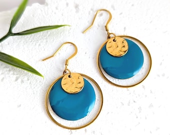 Boucles d'oreilles bleu canard et or pour femme