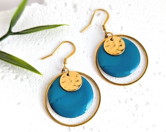 Boucles d'oreilles bleu canard et or pour femme pendantes rondes, bijoux boho, boucles d'oreilles colorées, cadeau pour elle, cadeau maman