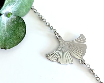 Bracelet argent Ginkgo minimaliste femme, acier inoxydable, bijou feuille ginkgo, nature, cadeau pour elle, bijou fait main, cadeau maman