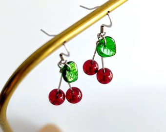 Boucles d'oreilles femme cerises en verre, bijoux fruit été femme