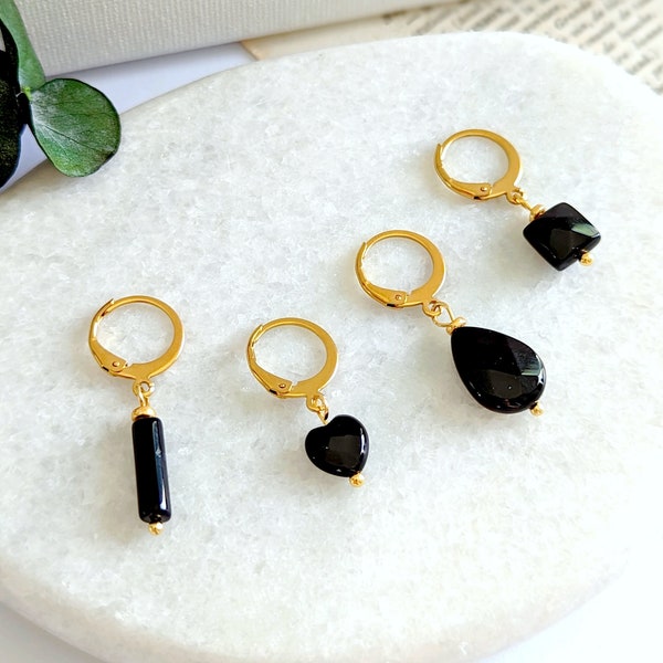 Boucle d'oreille pierre Onyx femme, dormeuse acier inoxydable hypoallergénique, mini créole à l'unité, mono boucle d'oreille noire