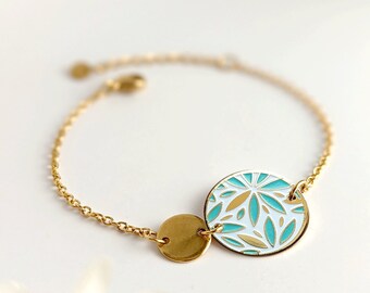 Bracelet fantaisie fleurs épi vert d'eau et or pour femme