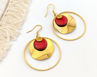 Boucles d'oreilles créoles boho rouge pour femme - Or ou Argent