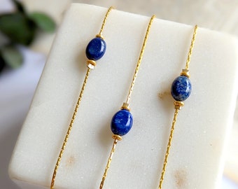 Bracelet pierre naturelle lapis Lazuli femme, chaîne fine acier inoxydable, bijou pierre naturelle bleu, cadeau pour elle, bijou minimaliste