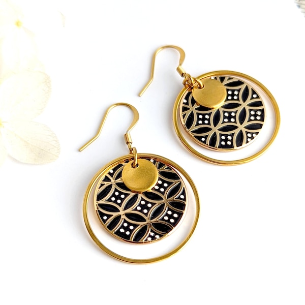 Boucles d'oreilles noir et or origami japonais pour femme, boucles d'oreilles boho, bohème chic, cadeau pour elle, bijoux fantaisie femme