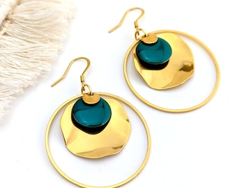 Boucles d'oreilles créoles vert sapin pour femme - Or ou Argent