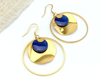 Boucles d'oreilles créoles bleu foncé pour femme - Or ou Argent