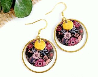 Boucles d'oreilles fleurs boho mauve et rose pour femme, bijoux bohème, cadeau fait main pour elle, bijoux fantaisie, cadeau pour maman