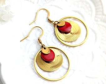 Pendientes boho rojos y dorados para mujer, estilo boho chic, joyería de acero inoxidable dorado o plateado.