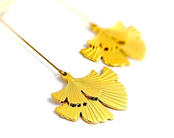 Long gold Ginkgo leaf earrings for women, Japanese floral nature plant jewelry, gift for her, minimalist jewelry