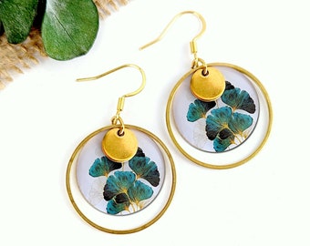 Duck blue ginkgo earrings for women, Ginkgo biloba leaf jewelry, gift for her, costume jewelry, handmade mom gift