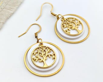Boucles d'oreilles Arbre de Vie blanc et or, en nacre et acier inoxydable pour femme