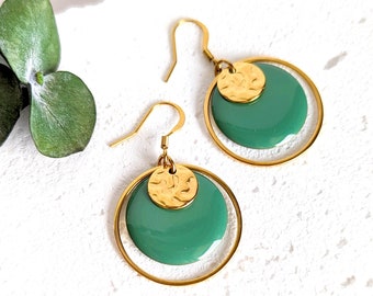 Boucles d'oreilles minimaliste rondes vert d'eau et or pour femme