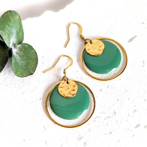 Boucles d'oreilles minimaliste rondes vert d'eau et or pour femme, bijoux bohème chic, élégant, cadeau pour elle, cadeau fait main image 1