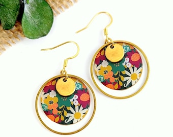 Boucles d'oreilles fleurs colorées vert, rose et jaune femme
