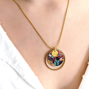 Gold necklace with flower and leaf pendant for women, resin fantasy necklace, boho jewelry, gift idea for her, handmade jewelry gift