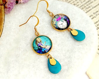 Alice in Wonderland earrings for women, turquoise blue jewelry, handmade gift, costume jewelry, gift for her