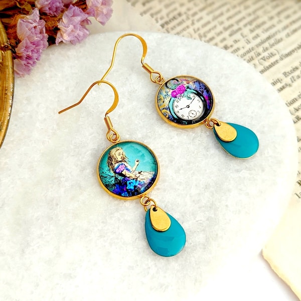 Boucles d'oreilles Alice au pays des merveilles pour femme, bijoux bleu turquoise, cadeau fait main, bijoux fantaisie, cadeau pour elle