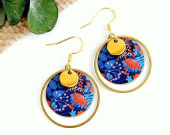 Boucles d'oreilles boho à fleurs et feuilles bleu et orange rouge pour femme