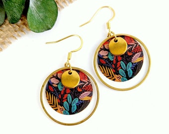 Women's gold earrings dangling boho flowers, jewelry gift, gift for her, boho chic jewelry, colorful women's earrings