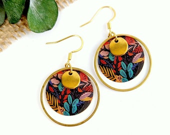 Boucles d'oreilles or femme pendantes bohème fleurs, cadeau bijou, cadeau pour elle, bijoux boho chic, boucles d'oreilles colorées femme