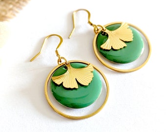 Boucles d'oreilles ginkgo vert d'eau et or pour femme