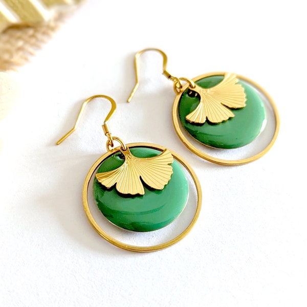 Minimalist water green and gold ginkgo earrings for women, jewelry gift for mom, gift for her, women's gift idea