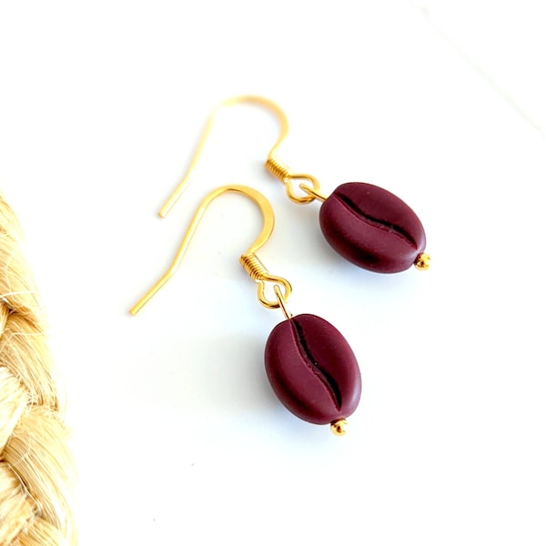 Boucles d'oreilles café femme, grains de café marron foncé en verre, bijou amusant décalé, bijoux de café, cadeau pour elle, bijou café