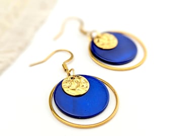 Boucles d'oreilles bleu foncé en nacre et acier inoxydable pour femme