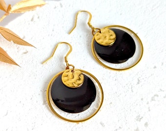 Boucles d'oreilles minimaliste rondes noir et or pour femme - Bijoux noirs boho chic, élégant, cadeau femme, cadeau pour elle, fait main