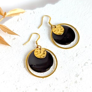 Boucles d'oreilles minimaliste rondes noir et or pour femme, bijoux noir boho chic, élégant, cadeau femme, cadeau pour elle, fait main image 1