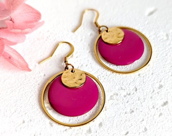 Minimalist round raspberry pink and gold earrings, colorful jewelry for women, gift for her, handmade gift, for mom