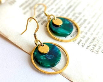 Women's resin earrings, dark green earrings, Gold or Silver, gift for her, handmade costume jewelry, gift for mom