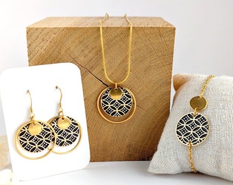 Parure bijoux motif éllipes noires, bijoux émaillés pour femme