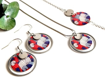 Parure de bijoux femme japonais bleu rouge et argent, collier, bracelet et boucles d'oreilles, cadeau maman, cadeau pour elle