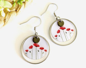 Boucles d'oreilles résine coquelicots argentées femme