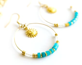 Turquoise blue heishi jade beaded hoop earrings for women, boho jewelry, gift for her, women's jewelry, mom gift