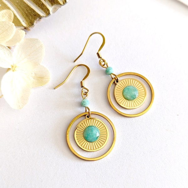 Natural amazonite stone earrings for women, boho chic jewelry for her, gift for mom, boho jewelry, women's jewelry