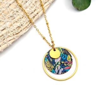 Collier chaîne et pendentif coloré fleurs et feuilles en acier inoxydable pour femme