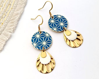 Boucles d'oreilles Étoiles japonaises bleu canard et or pour femme