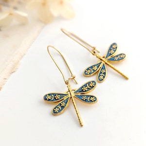 Blue dragonfly earrings for women, gold stainless steel earrings, gift idea for mom, for her, cottagecore jewelry