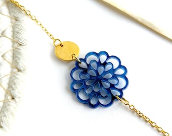 Bracelet fleur bleue en résine, chaîne couleur or ou argent pour femme