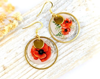 Boucles d'oreilles dépareillées à motif de fleurs de coquelicot rouge pour femme