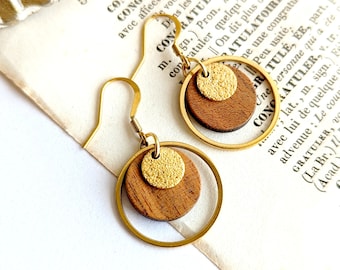 Boucles d'oreilles femme bois et or en acier inoxydable chirurgical doré